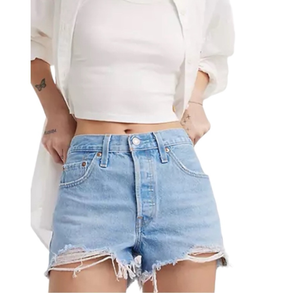Levi's Premium 501 Distressed High Rise Cut out Shorts 26 Blue Denim Button fly